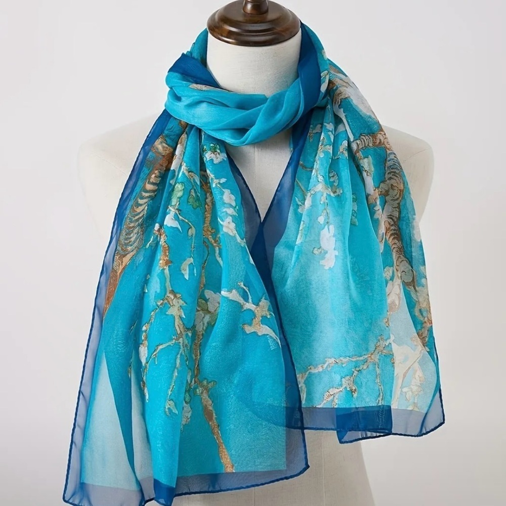 Boho Style Lightweight Scarf - Plum Flower Print, Smooth Polyester Fabric
